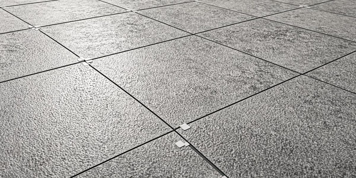 Grey porcelain tiles dry-laid in a grid on a subfloor with plastic spacers at the corners